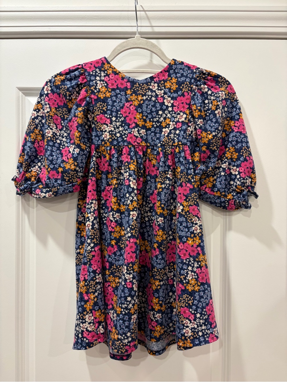 Bonnie Jean Navy Floral Puff-Sleeve Dress with Pink & Mustard Flowers